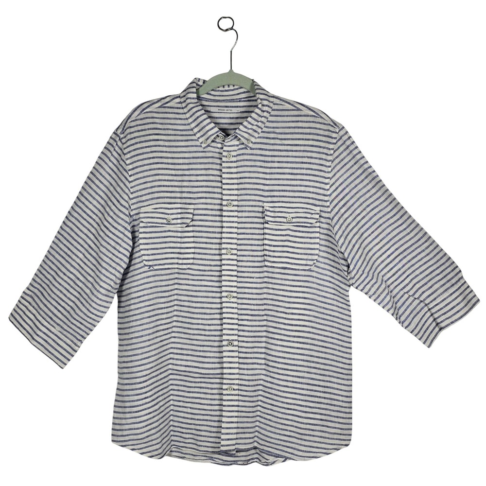 Design United Button Down Shirt Men Small? Blue White Striped Linen 3/4 Sleeve